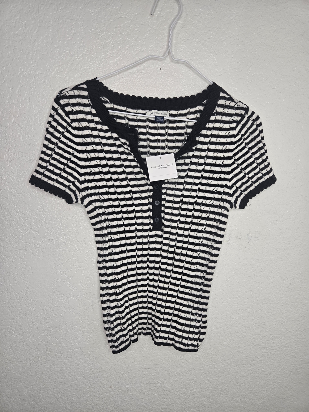 American Eagle Outfitters Black & White Striped Short Sleeve Ribbed Henley